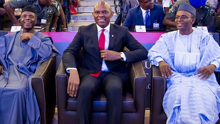 l-r: Vice President, Prof. Yemi Osinbajo, Founder, Tony Elumelu Foundation Mr. Tony Elumelu and Kaduna State Governor, Mallam Nasir El-Rufai at the $100 Million Tony Elumelu Entrepreneurship Programme (TEEP) boot camp for 1000 entrepreneurs from 51 countries across Africa, Ota, Ogun State, on Saturday